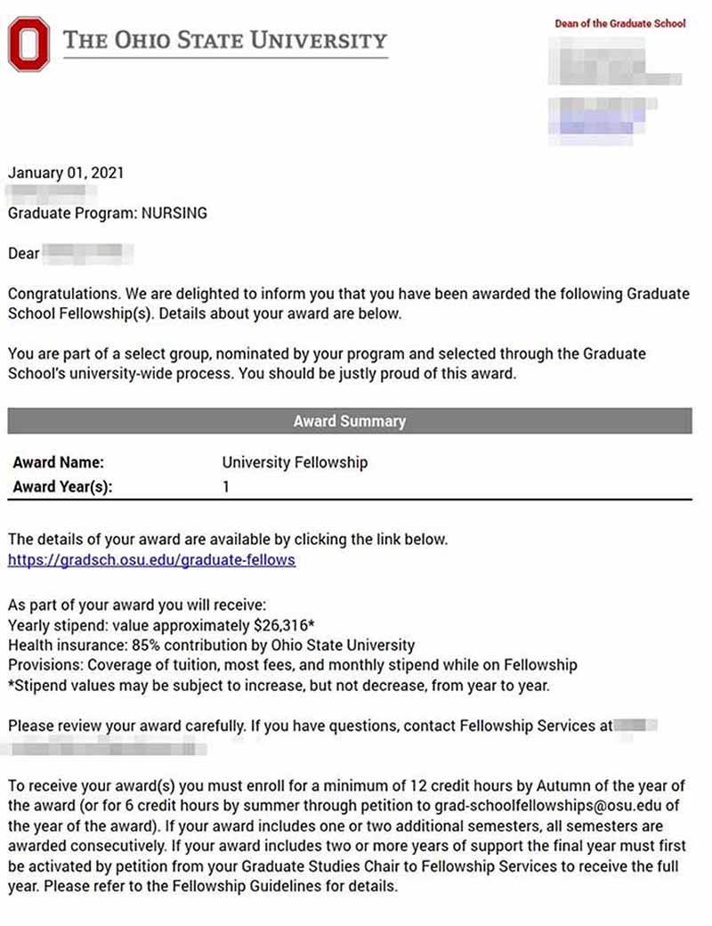 Ohio State University 간호학 박사과정 Fall 2021 풀펀딩 합격 오퍼