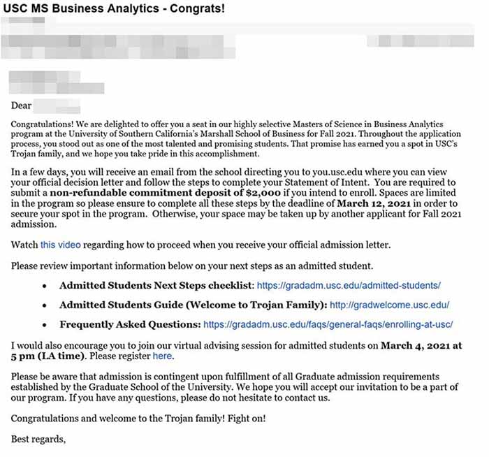 USC, MS in Business Analytics