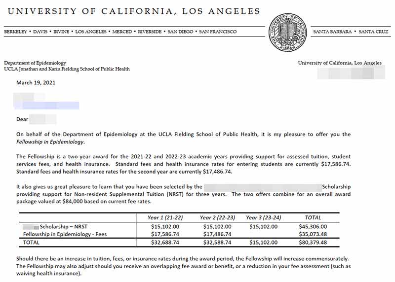미국박사과정 역학 UCLA Epidemiology Fall 2021 풀펀딩 합격 오퍼