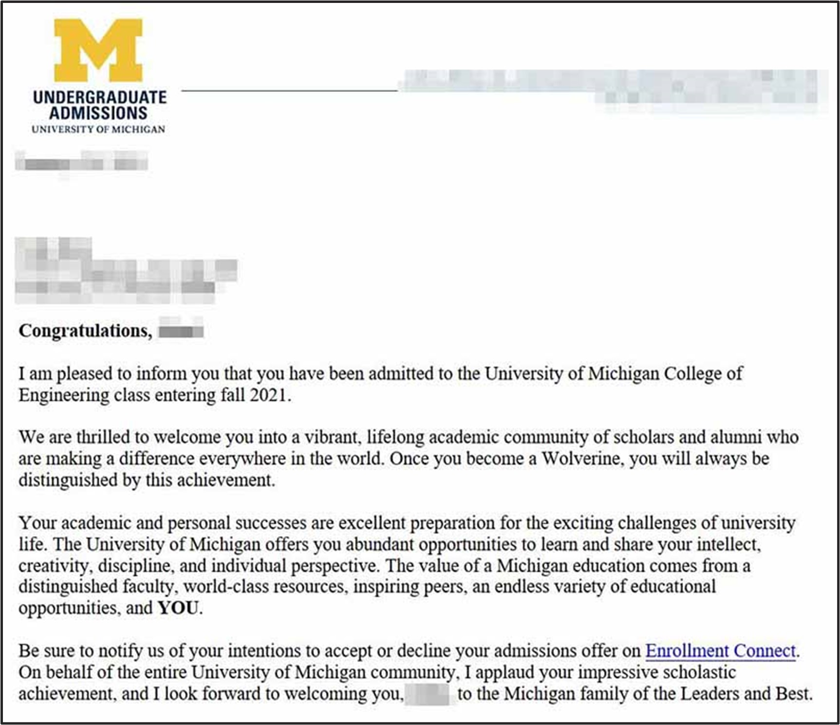 University of Michigan Ann Arbor 2021 미국대학 학부 신입학 합격 오퍼