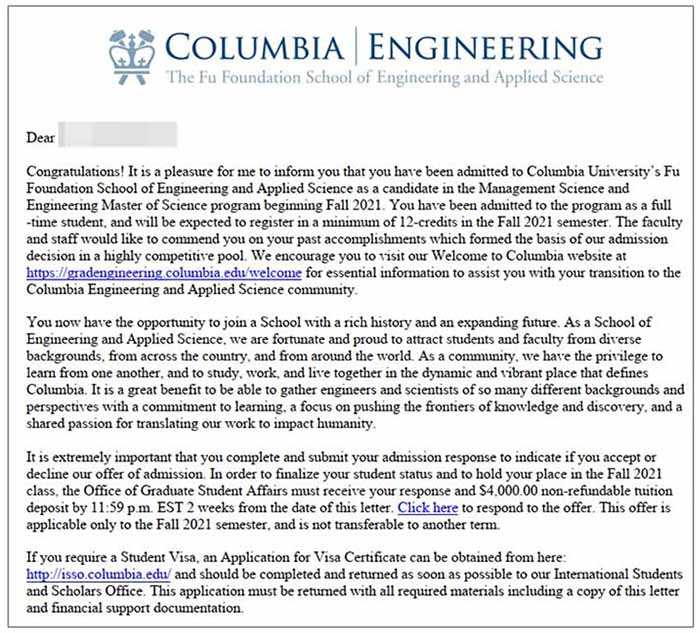 미국 경영공학 석사과정 Columbia University, Fall 2021 합격 오퍼