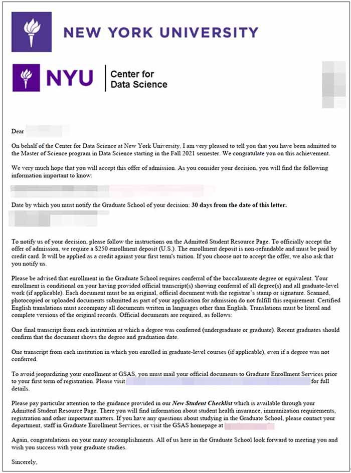 미국석사과정 NYU Data Science Fall 2021 합격 오퍼