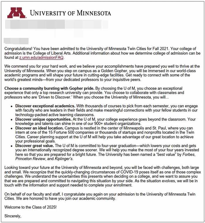 미국대학 신입학 합격 University of Minnesota Twin cities, Fall 2021 오퍼
