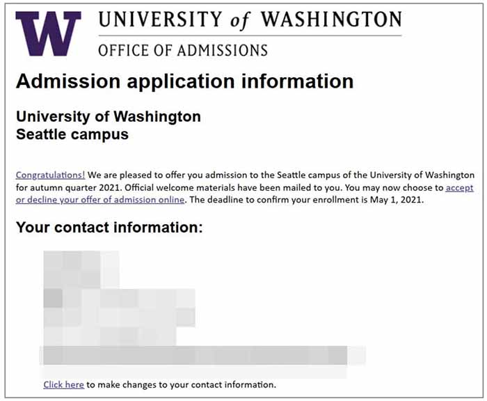 미국 명문 대학 합격 University of Washington 2021 오퍼