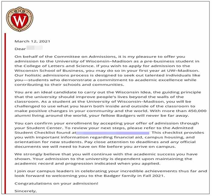 미국 명문 위스콘신주립대학 편입학 합격 University of Wisconsin Madison 2021 오퍼