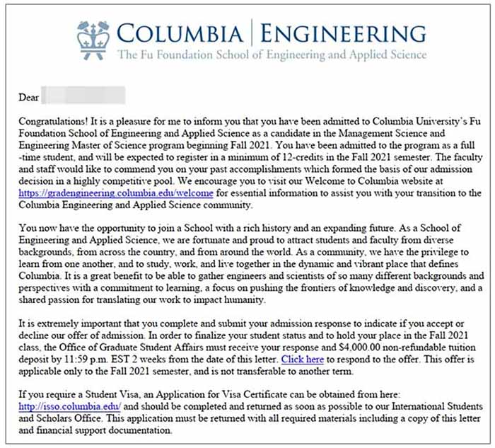 Columbia University 오퍼