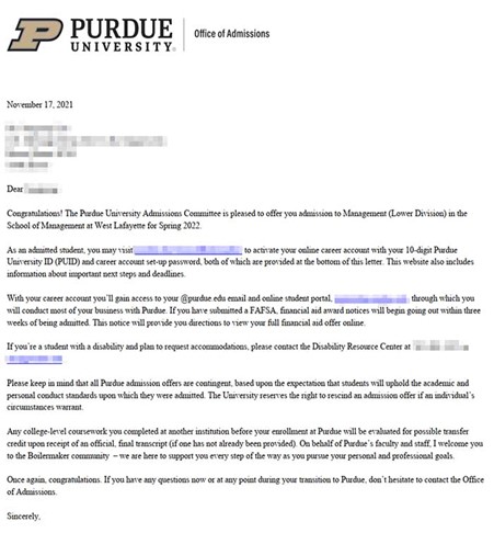 Purdue University, Management, Spring 2022 편입 합격 오퍼