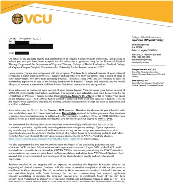 Virginia Commonwealth University DPT 물리치료학과 박사과정 합격 오퍼