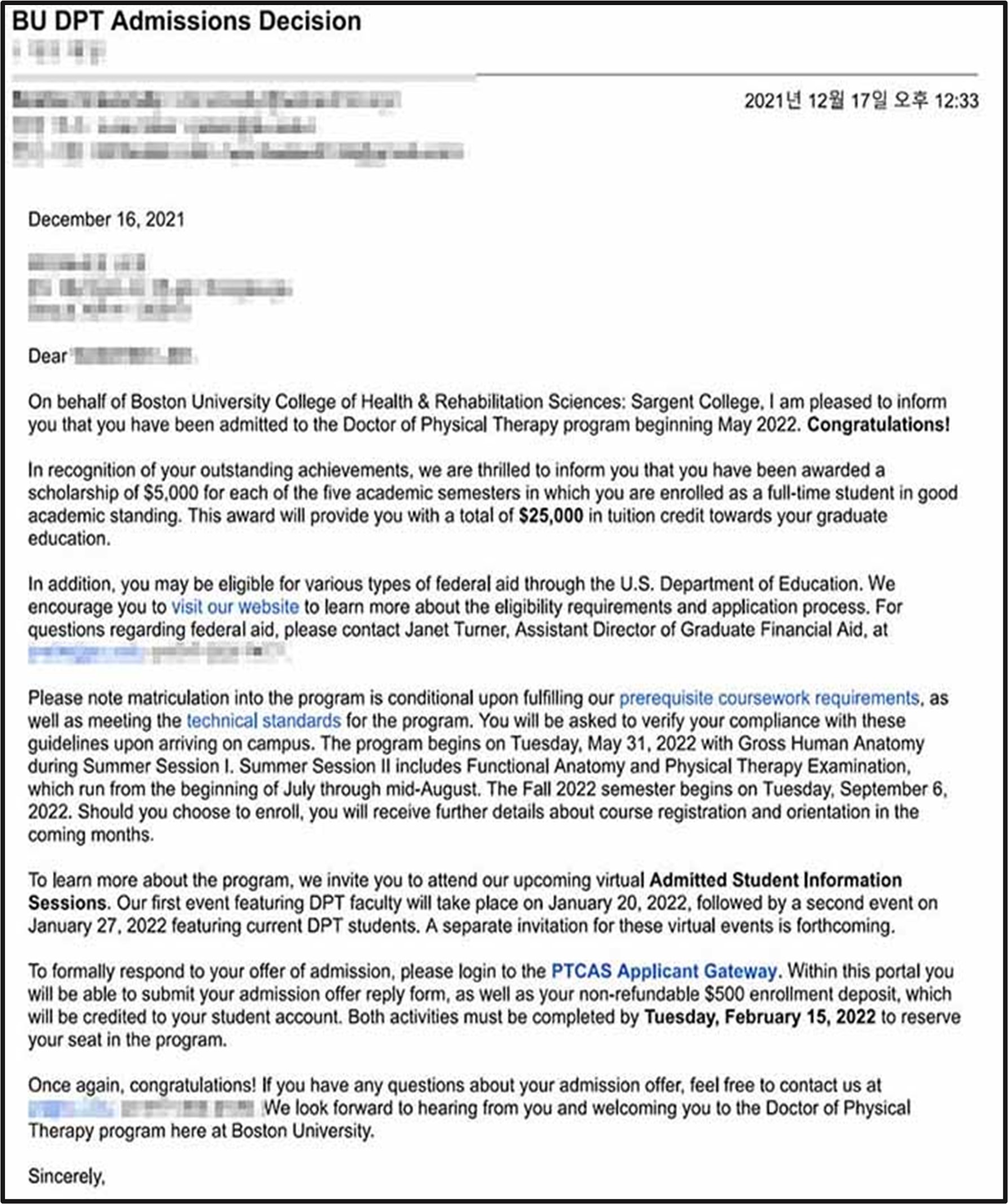 Boston University DPT 물리치료학과 박사과정 2022 합격 오퍼