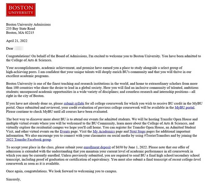 Boston College, Fall 2022 학부 신입학 합격 오퍼