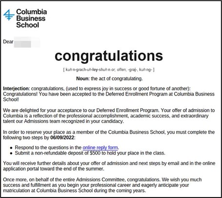 Fall 2022 미국 최고의 명문 아이비리그 Columbia University MBA 합격 오퍼