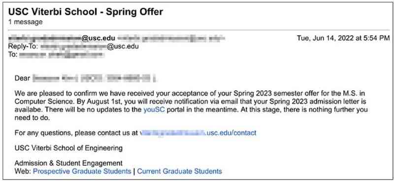 University of Southern California_MS Computer Science Spring 2023 합격 오퍼