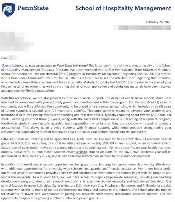 Penn State University, PhD in Hospitality Management 서비스 경영학 박사과정 Fall 2023 풀펀딩 합격 오퍼