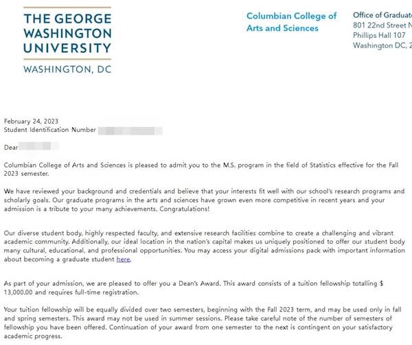 낮은 GPA 미국 석사 통계학 장학금 2023년 합격 George Washington University 오퍼