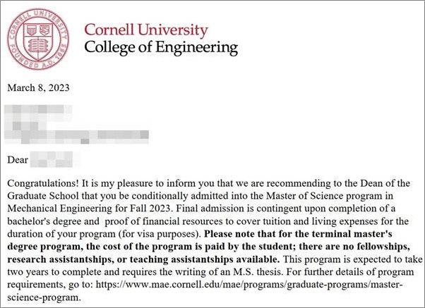 미국 기계공학 석사과정 Cornell MS Mechanical Engineering 합격 오퍼