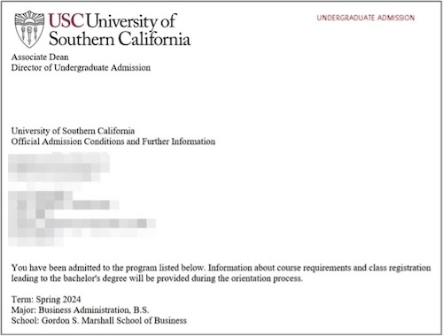 USC 경영학 전공 편입학 합격 오퍼