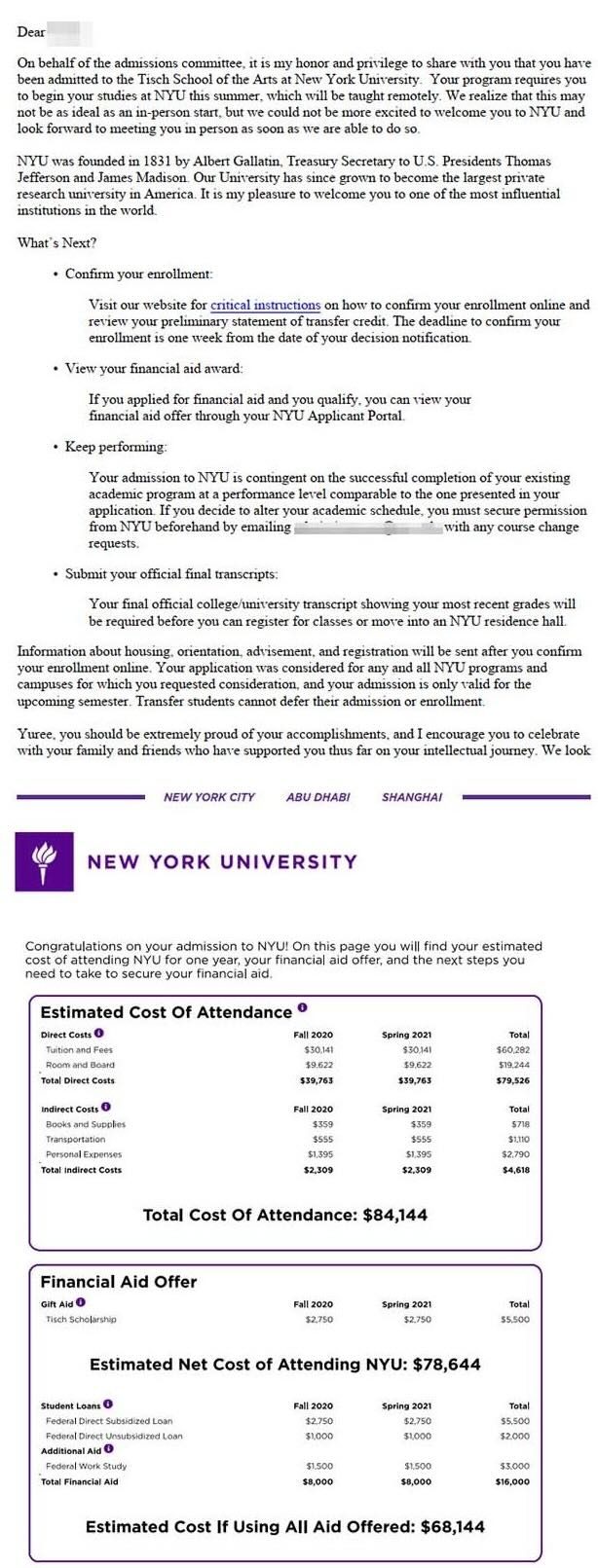 New York University, Film and Television 영화 제작 전공 편입학 합격 오퍼