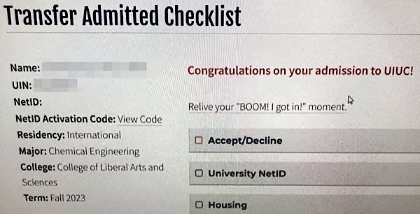 University of Illinois Urbana Champaign, Chemical Engineering, 편입 합격 오퍼