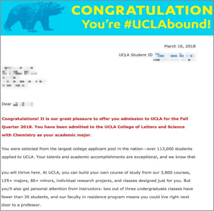 University of California Los Angeles UCLA 학부 신입학 합격 오퍼