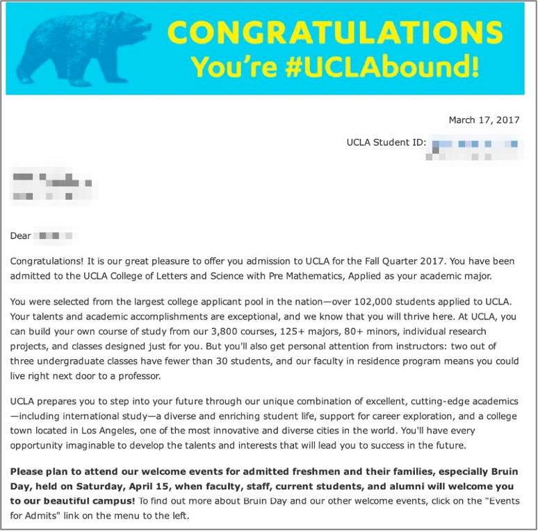 University of California Los Angeles UCLA 학부 신입학 합격 오퍼