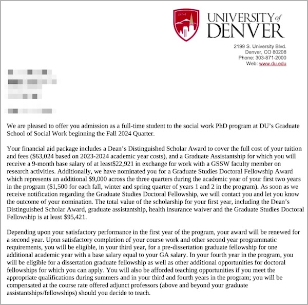 University of Denver, Social Work 미국 사회복지학 박사과정 2024 풀펀딩 합격 오퍼