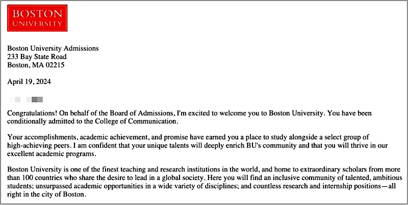 Boston University 커뮤니케이션 미디어 전공 2024 편입학 합격 오퍼