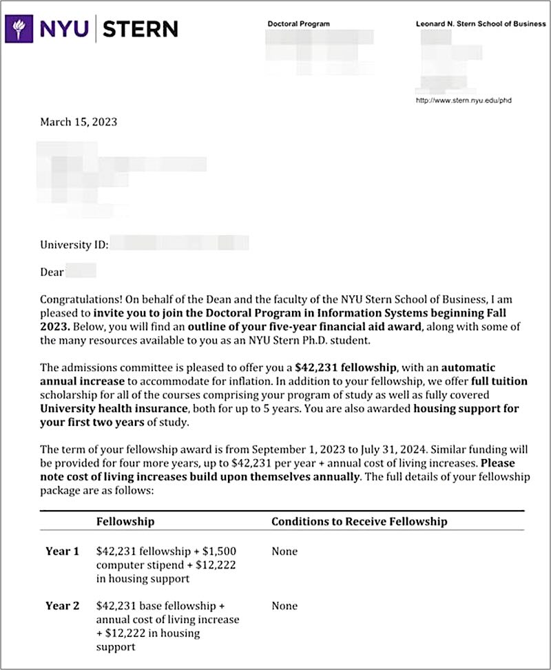 NYU 박사과정 오퍼