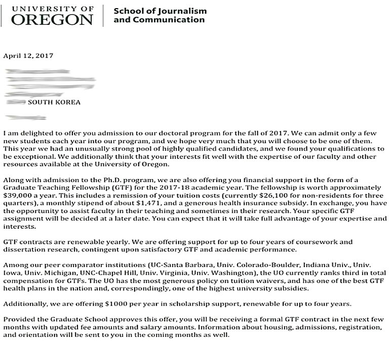 UNIVERSITY OF OREGON 박사과정 오퍼