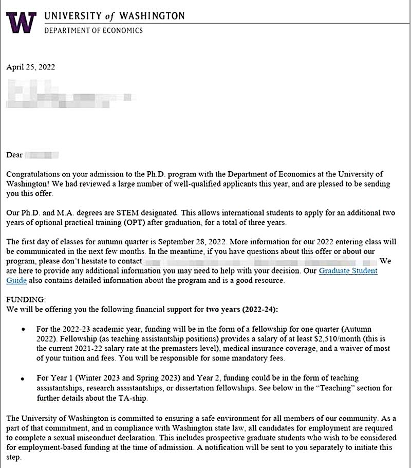 UNIVERSITY of WASHINGTON 박사과정 오퍼