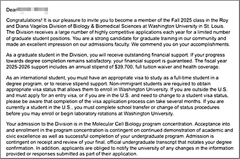 Washington University in St. Louis 박사과정 오퍼