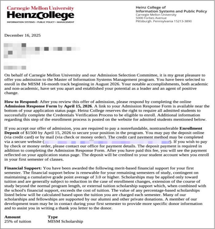 카네기멜론 대학교 CMU MISM 석사 장학금 수령 합격 2026