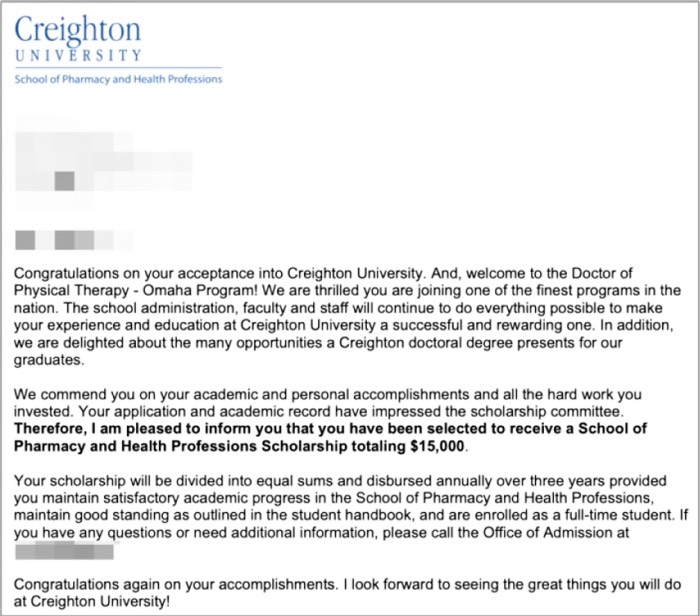 미국 물리치료 DPT 크레이튼대학교 합격 $15,000 장학금 오퍼