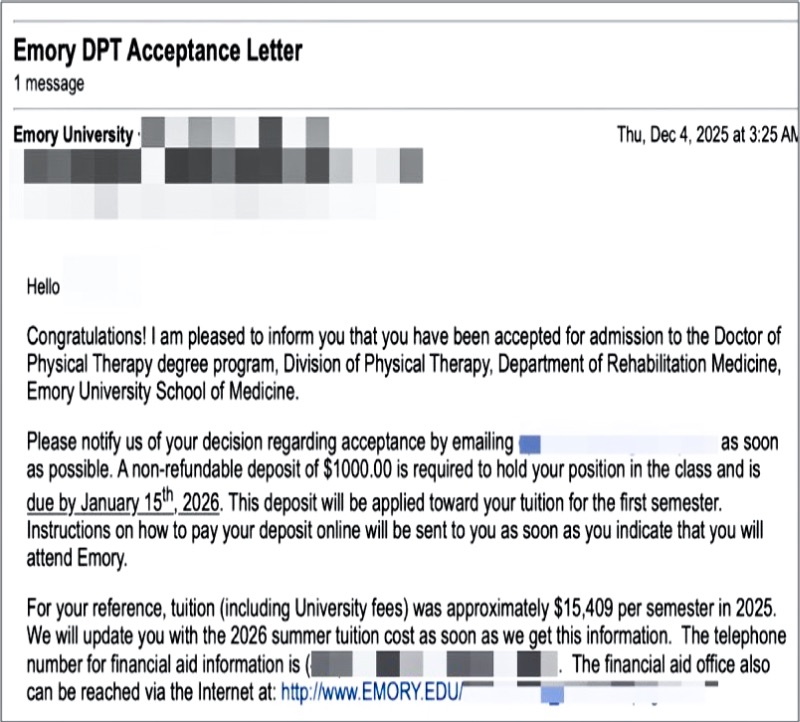 미국 물리치료 박사과정 4위, Emory University DPT 2026 합격