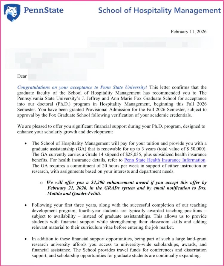 펜실베니아 주립대 Hospitality Management 박사과정 2026 풀펀딩 합격 오퍼