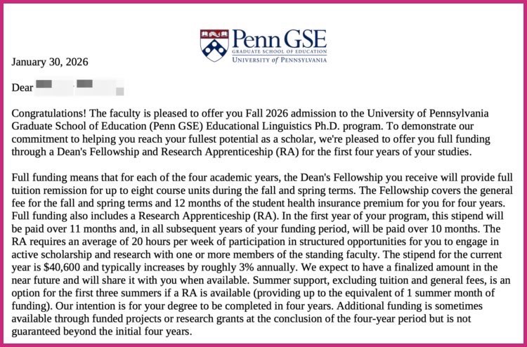 아이비리그 유펜 UPenn 교육대학원 박사 합격, 4년 풀펀딩 오퍼