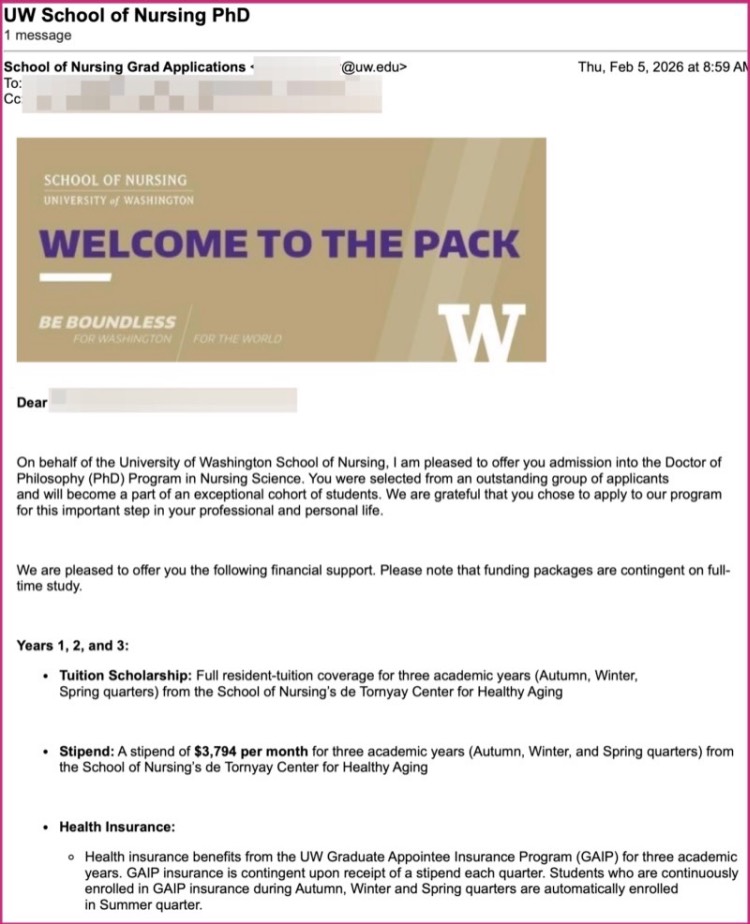 워싱턴대학교 간호학 박사과정 2026 풀펀딩 합격