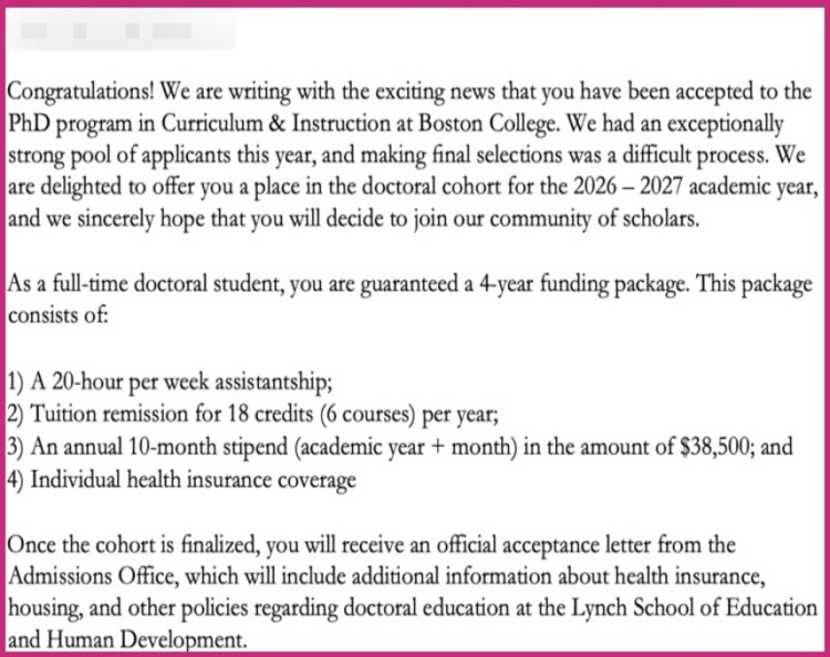 연간 38,500달러 생활비 지원, 보스턴컬리지 교육학 박사 2026 합격