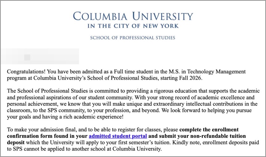 컬럼비아대학교 SPS 기술경영 석사 2026 합격, 아이비리그 취업 경쟁력