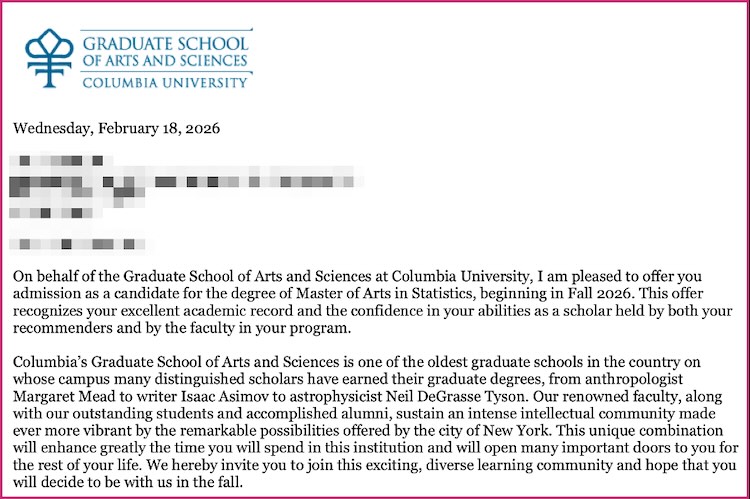 아이비리그 컬럼비아 통계학 석사 과정 2026 합격 사례
